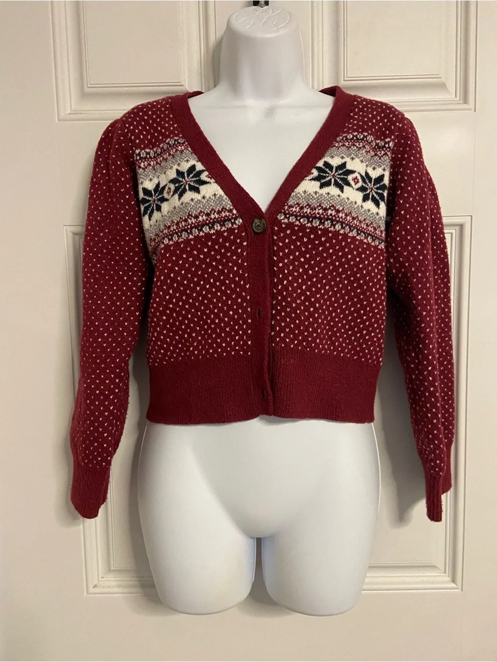 T41a-OLD NAVY  FAIRISLE Nordic Islander V-Neck Cropped Cardigan Sweater *Oversiz
